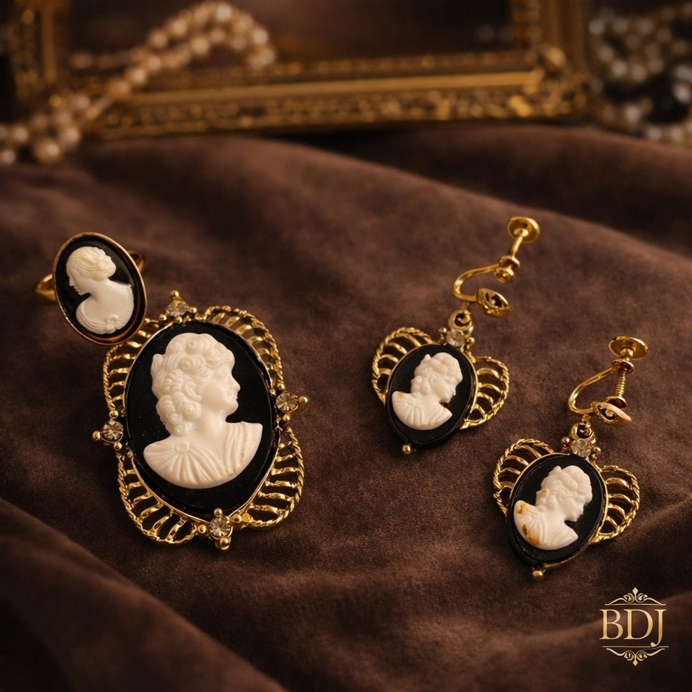 Vintage Gold Cameo Jewelry Set | Brooch Earrings & Sarah Coventry Signed Ring